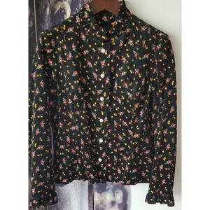 PAPILLON Women's Black Velvet Floral Print Pearl Type Button Ruffle Collar Shirt
